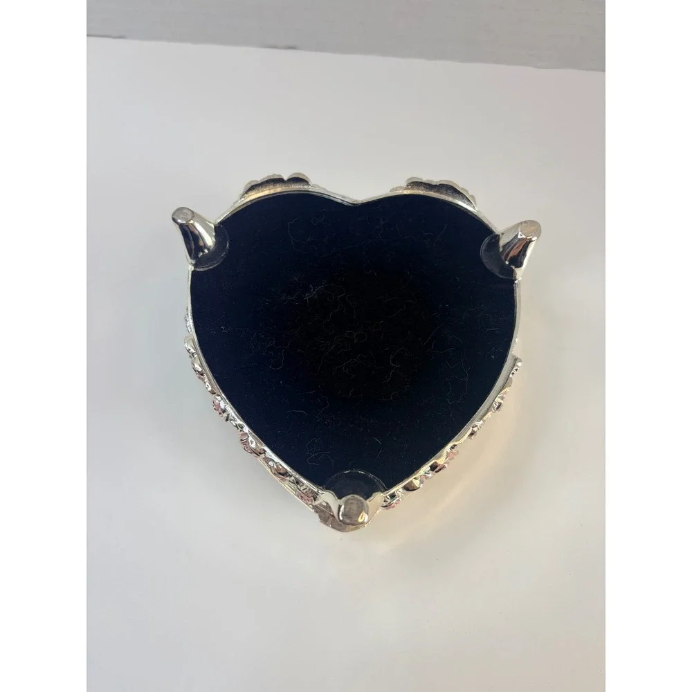 Vtg Silver Heart Jewelry Box Pink Enameled Rose Footed Trinket Case Girly Vanity